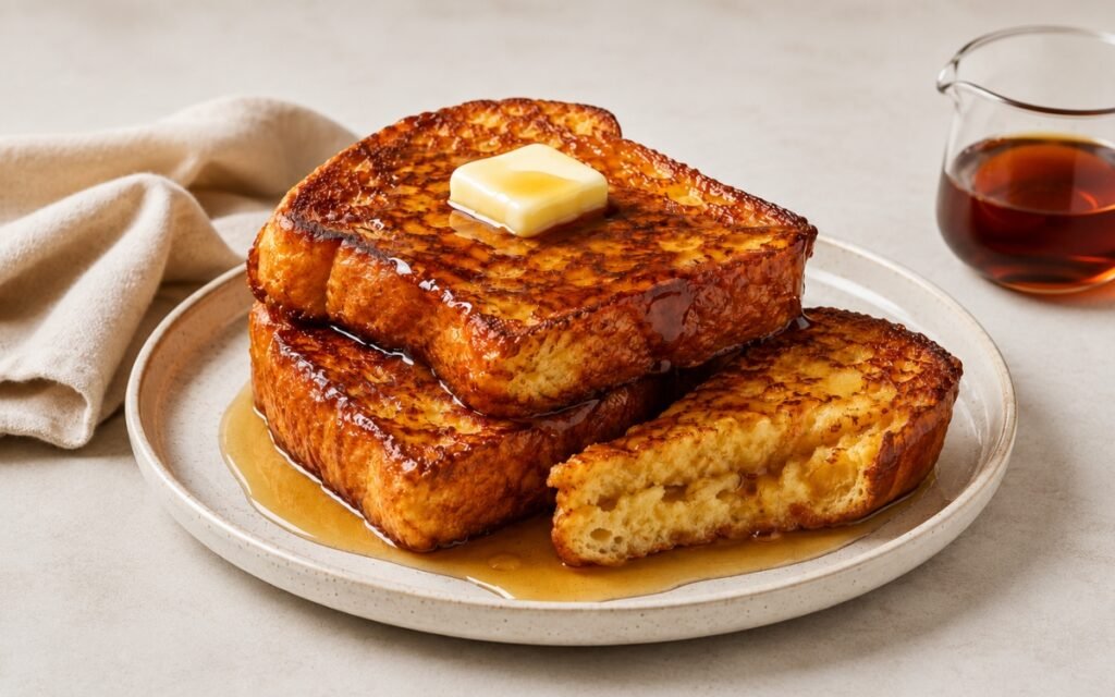 Classic French toast on a white plate showing four thick-cut golden-crusted brioche slices with a pat of butter melting on top and maple syrup pooling around the edges
