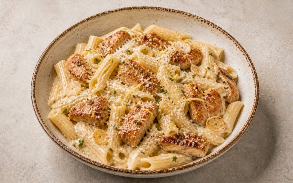 Creamy chicken garlic Parmesan pasta in a wide white bowl showing penne in glossy cream sauce with seared chicken pieces, visible garlic slices, fresh parsley, and Parmigiano on marble surface