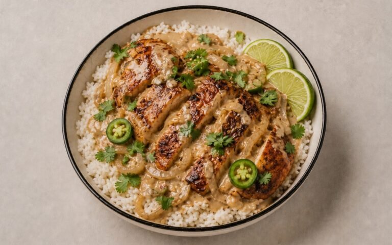 Creamy coconut chicken rice bowl in a wide shallow bowl showing golden seared chicken thighs in creamy golden coconut sauce over coconut-lime rice with fresh cilantro, lime slices, and jalapeño