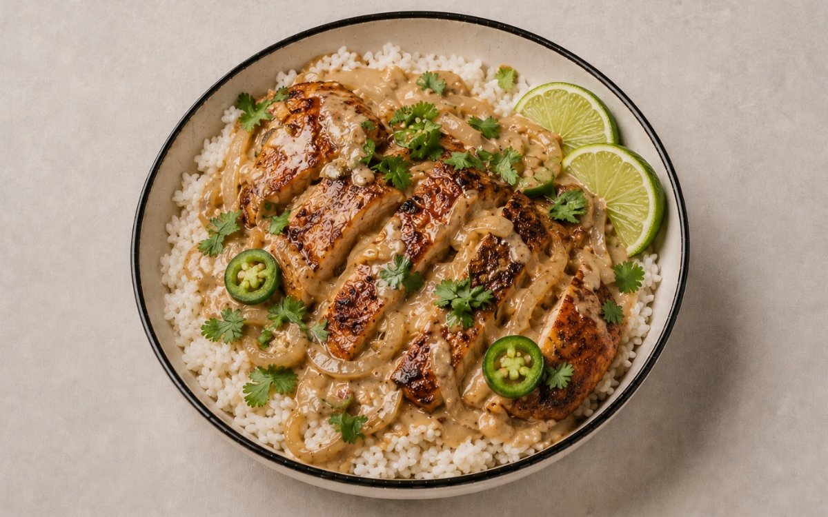 Creamy coconut chicken rice bowl in a wide shallow bowl showing golden seared chicken thighs in creamy golden coconut sauce over coconut-lime rice with fresh cilantro, lime slices, and jalapeño