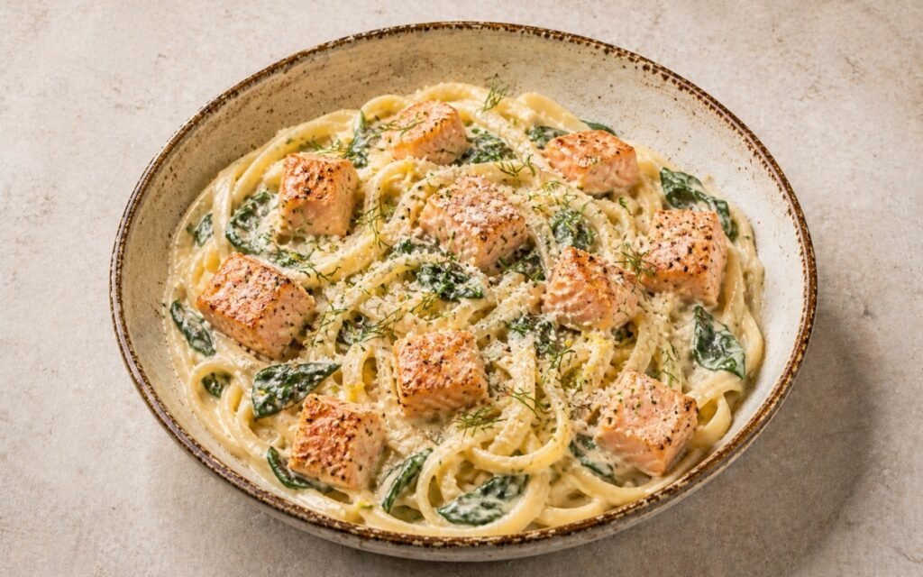 Creamy salmon pasta with lemon and dill in a wide shallow white bowl showing fettuccine in pale cream sauce with golden salmon cubes, baby spinach, fresh dill fronds, and lemon zest on marble surface