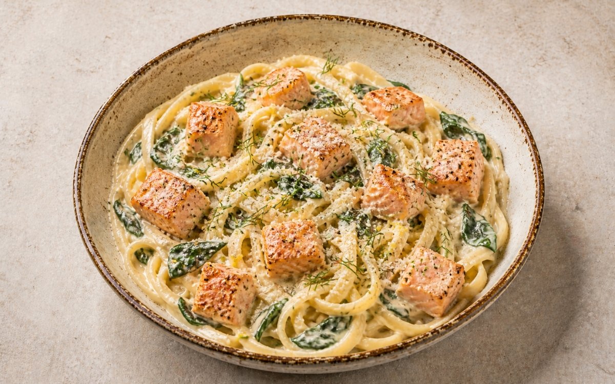 Creamy salmon pasta with lemon and dill in a wide shallow white bowl showing fettuccine in pale cream sauce with golden salmon cubes, baby spinach, fresh dill fronds, and lemon zest on marble surface