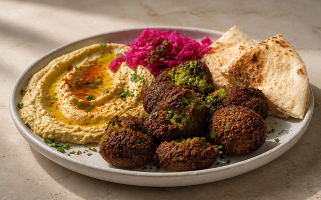 Crispy falafel plate showing deeply golden falafel discs with one broken open revealing green herb interior alongside Classic Hummus with olive oil, smoked paprika, vibrant pink pickled red cabbage, warm pita, and fresh parsley on marble surface