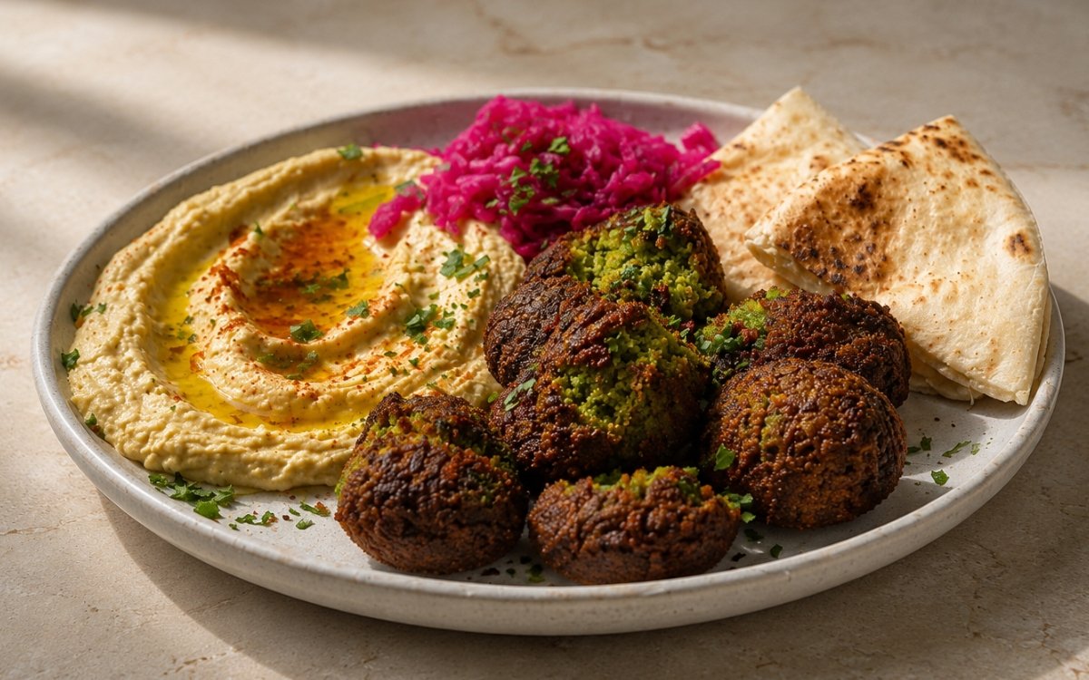 Crispy falafel plate showing deeply golden falafel discs with one broken open revealing green herb interior alongside Classic Hummus with olive oil, smoked paprika, vibrant pink pickled red cabbage, warm pita, and fresh parsley on marble surface
