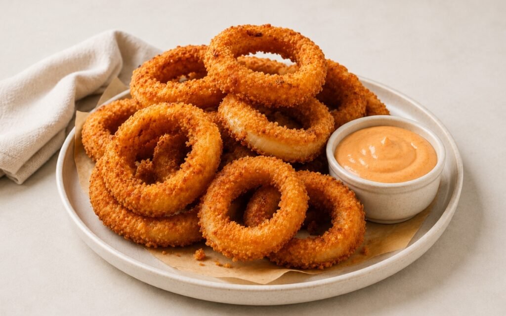 Homemade onion rings piled on parchment paper showing golden, crunchy panko-coated rings with a small bowl of spicy dipping sauce