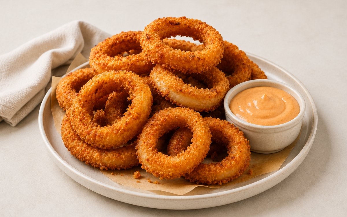 Homemade onion rings piled on parchment paper showing golden, crunchy panko-coated rings with a small bowl of spicy dipping sauce