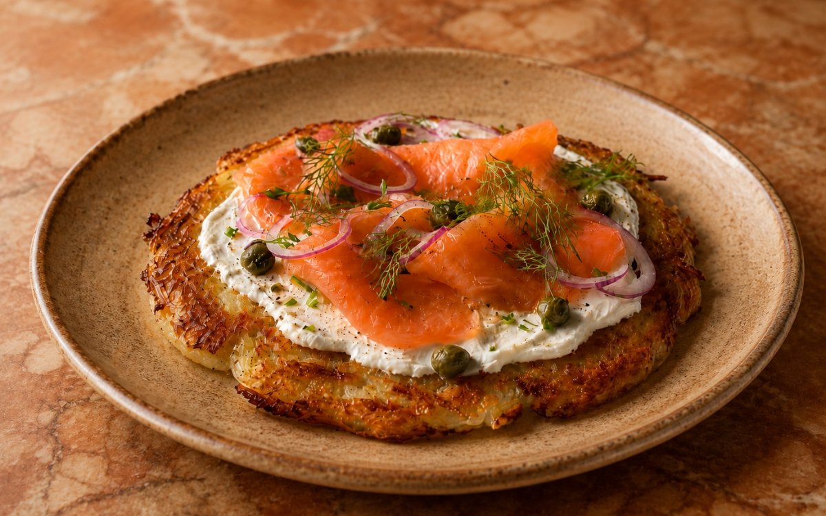 Crispy potato galette on a plate showing deeply golden pressed potato base topped with crème fraîche, folded smoked salmon, capers, soaked red onion, and fresh dill sprigs on marble surface
