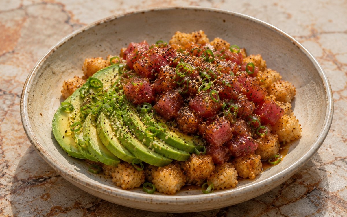 Crispy rice salad in a shallow bowl showing golden baked sushi rice pieces topped with soy-marinated tuna cubes, sliced avocado, scallions, and sesame marinade drizzle on marble surface