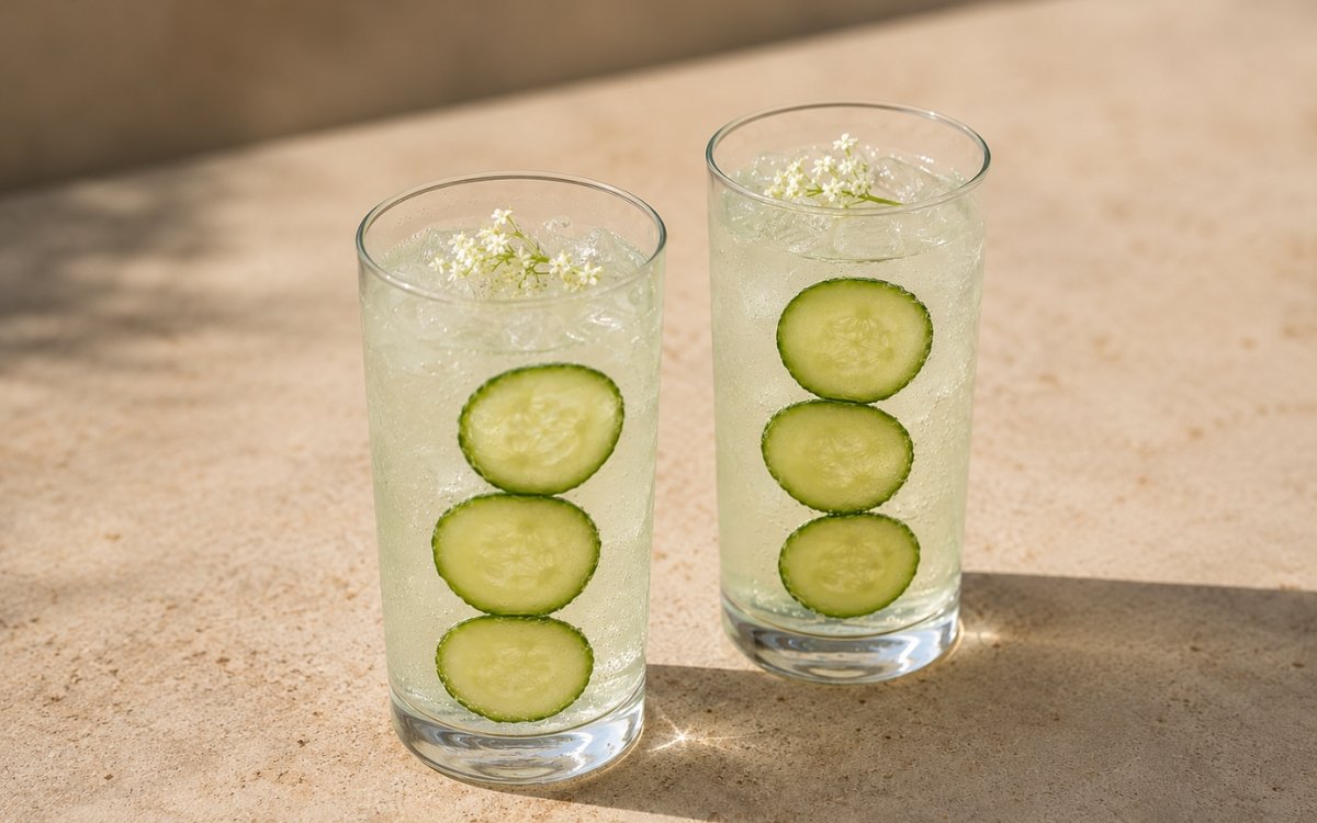 Cucumber elderflower tonic mocktail in a tall glass showing nearly clear sparkling drink with three vertical cucumber rounds visible against the glass and a fresh elderflower sprig resting on the ice on marble surface