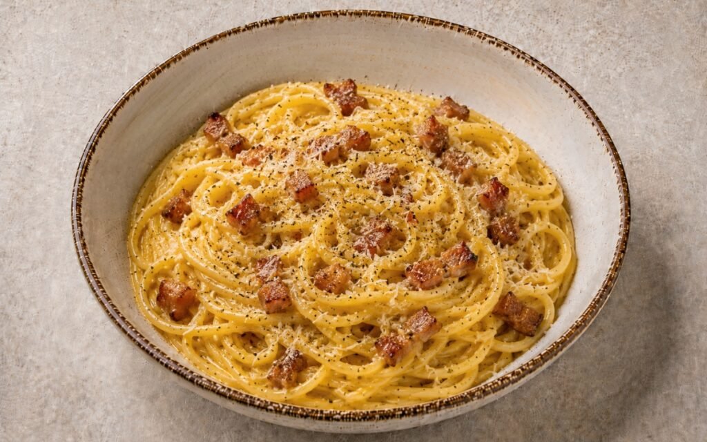 Authentic carbonara pasta with crispy guanciale, creamy egg yolk sauce and Pecorino Romano in a white bowl