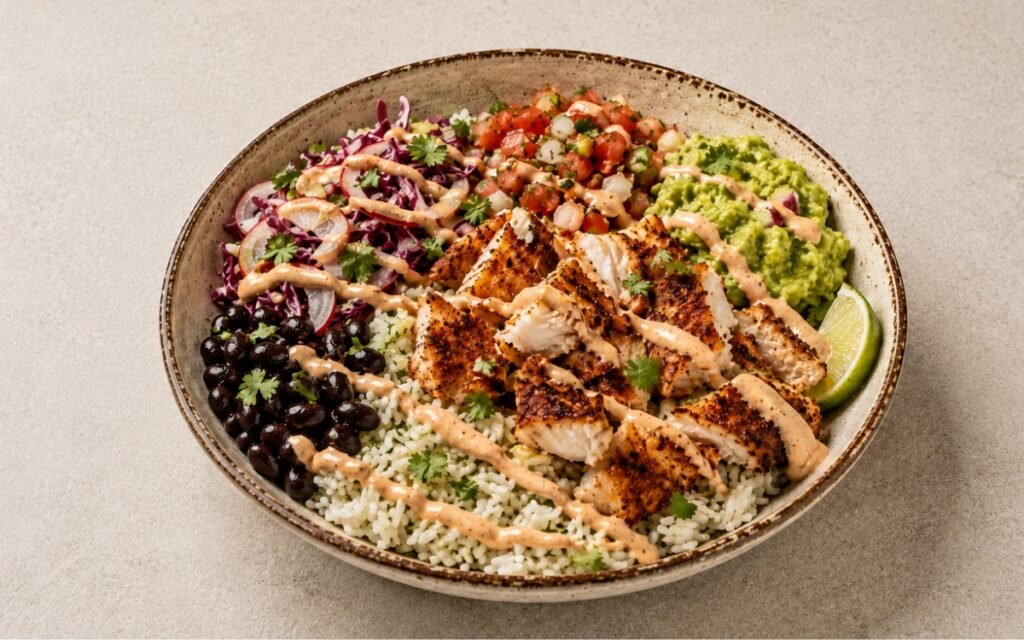 Fish taco-style bowl in a wide shallow bowl showing golden seasoned fish chunks over cilantro-lime rice with purple cabbage slaw, pico de gallo, guacamole, black beans, chipotle crema drizzle, and fresh cilantro
