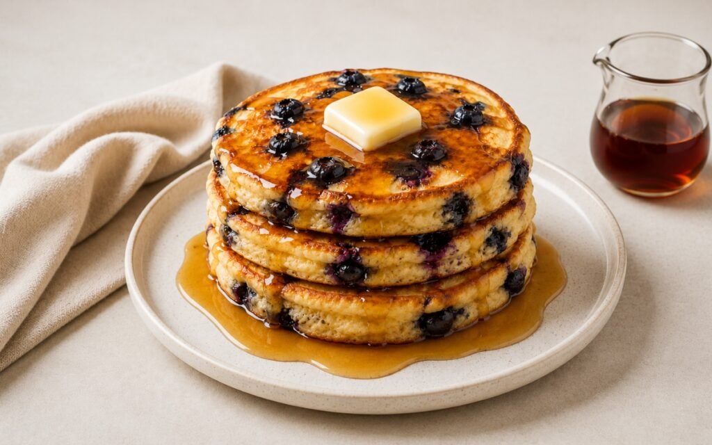 Blueberry buttermilk pancakes stacked tall on a white plate showing golden-edged pancakes with fresh blueberries visible throughout, a pat of butter melting on the top stack, and maple syrup drizzling down the sides