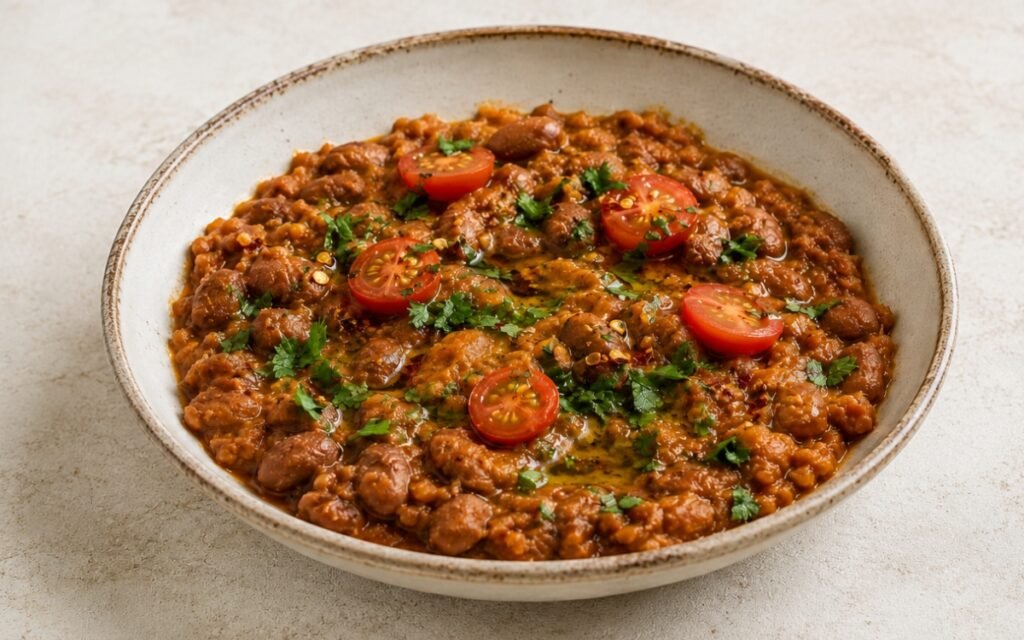 Ful medames in a shallow wide bowl showing thick, rustic partially mashed fava beans in spiced tomato base with olive oil drizzle, fresh parsley, chili flakes, and halved cherry tomatoes on marble surface