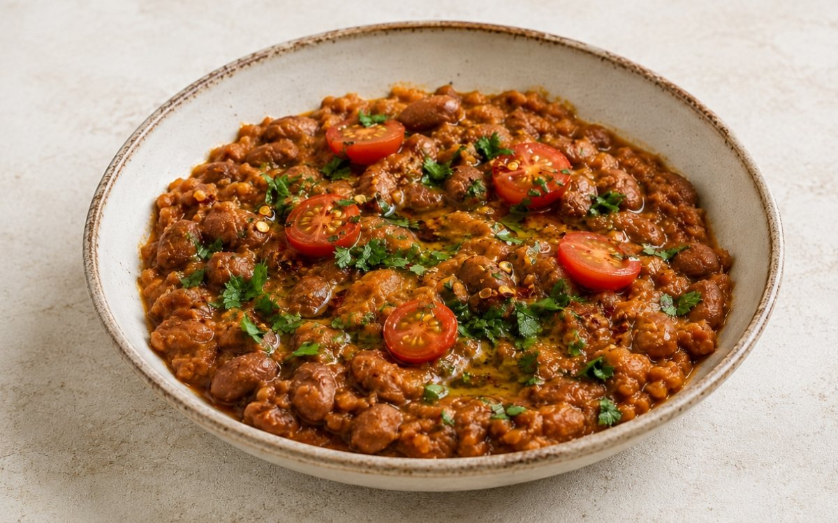 Ful medames in a shallow wide bowl showing thick, rustic partially mashed fava beans in spiced tomato base with olive oil drizzle, fresh parsley, chili flakes, and halved cherry tomatoes on marble surface