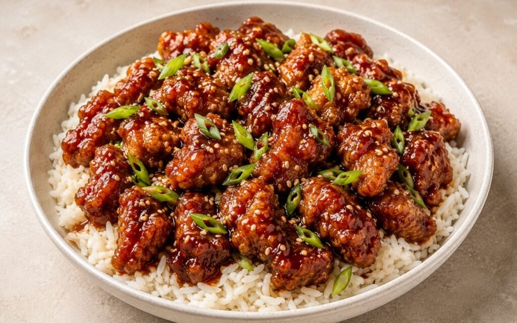 General Tso's chicken rice bowl in a wide bowl showing glossy sticky sauce-coated fried chicken pieces over fluffy jasmine rice with dried red chilies, sliced scallions, and sesame seeds on marble surface