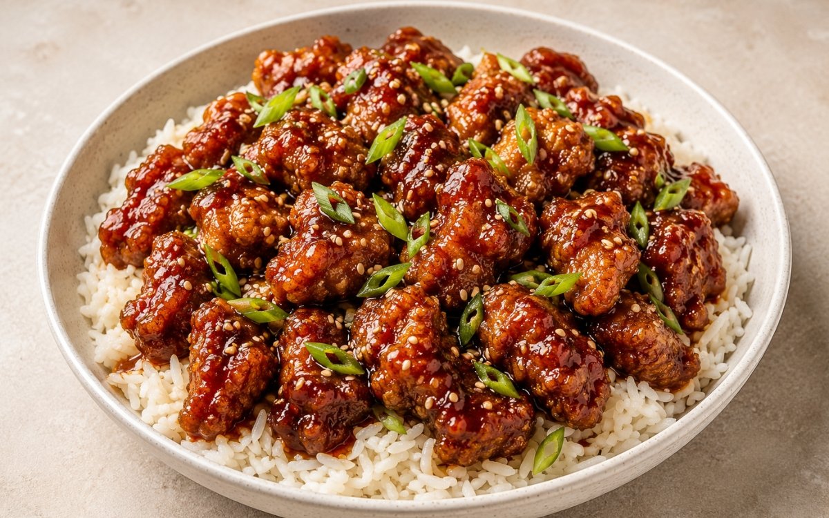 General Tso's chicken rice bowl in a wide bowl showing glossy sticky sauce-coated fried chicken pieces over fluffy jasmine rice with dried red chilies, sliced scallions, and sesame seeds on marble surface