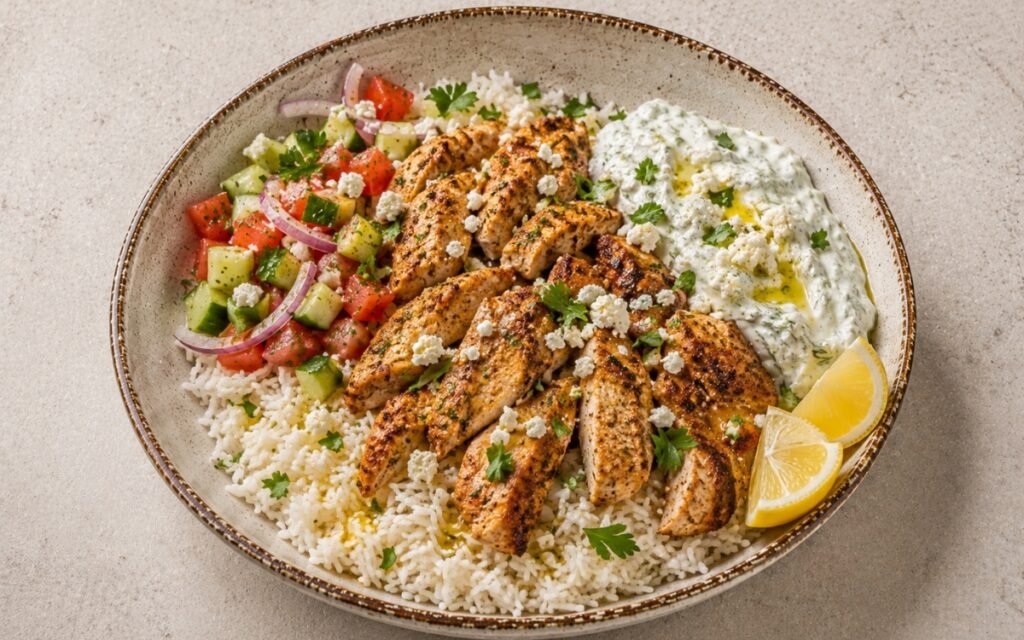 Greek chicken gyro rice bowl in a wide shallow bowl showing golden spiced chicken strips over basmati rice with cucumber-tomato salad, a generous dollop of tzatziki, crumbled feta, fresh parsley, and lemon wedges