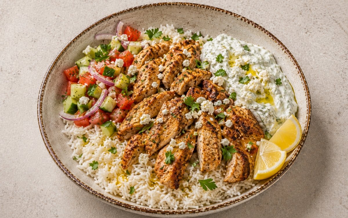 Greek chicken gyro rice bowl in a wide shallow bowl showing golden spiced chicken strips over basmati rice with cucumber-tomato salad, a generous dollop of tzatziki, crumbled feta, fresh parsley, and lemon wedges