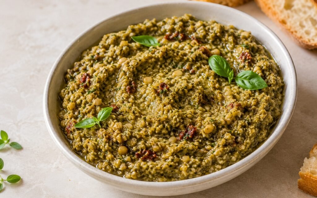 Green olive tapenade in a small bowl showing the coarse, bright green spread with visible pine nut pieces and basil flecks throughout, finished with an olive oil drizzle and fresh basil garnish on marble surface
