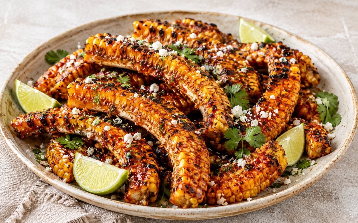 Grilled corn ribs on a serving platter showing deeply charred and caramelised curled corn quarters with chipotle butter glaze, crumbled cotija, fresh cilantro, and lime wedges on marble surface