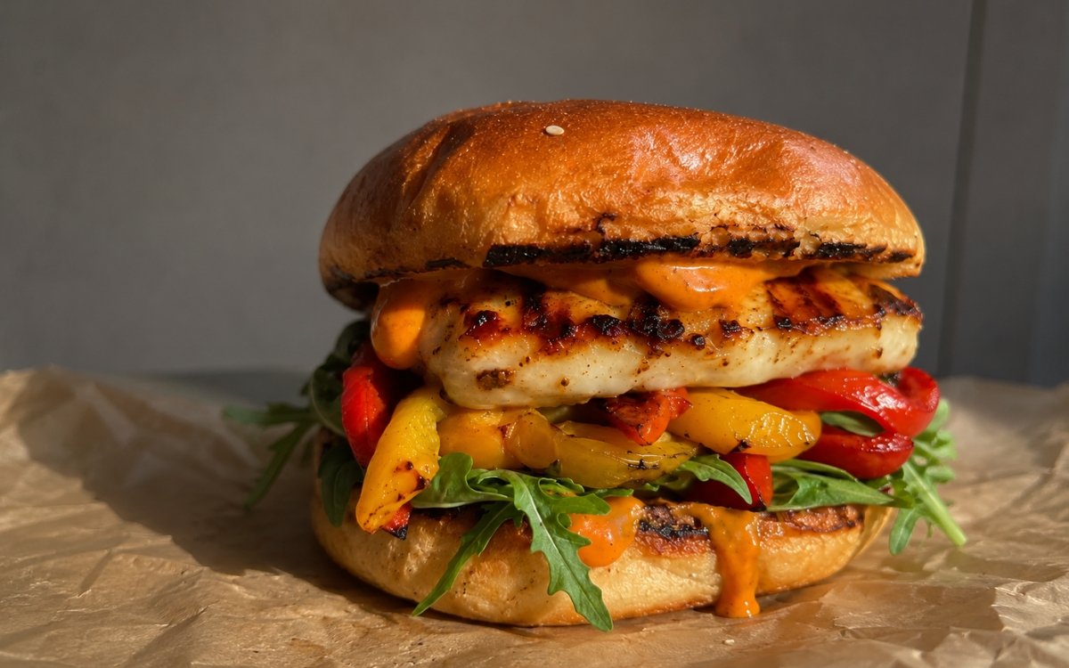 Grilled halloumi burger on a marble surface showing a toasted brioche bun loaded with deeply golden halloumi, caramelised red and yellow peppers, rocket, and harissa mayo visible on both bun halves