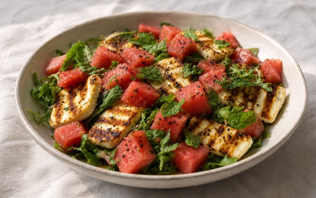 Grilled halloumi and watermelon salad on a wide shallow plate showing golden grilled halloumi slices with grill marks over watermelon cubes, arugula, fresh mint, and black sesame seeds with sesame-lime dressing