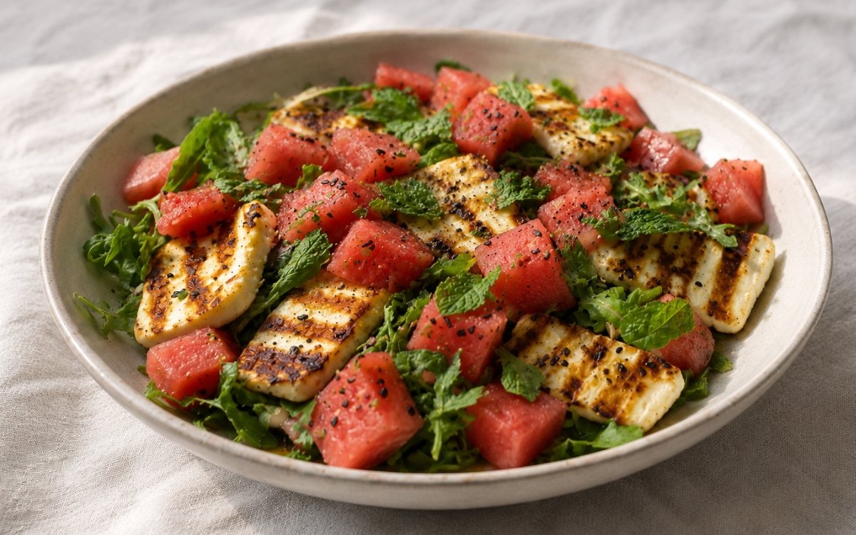 Grilled halloumi and watermelon salad on a wide shallow plate showing golden grilled halloumi slices with grill marks over watermelon cubes, arugula, fresh mint, and black sesame seeds with sesame-lime dressing