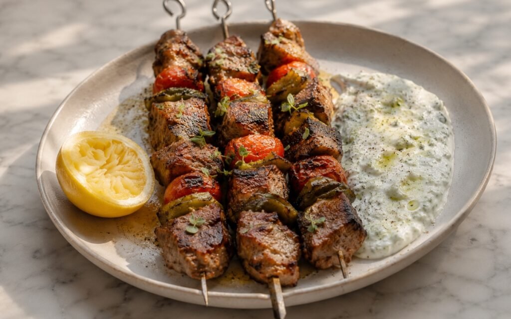 Grilled lamb kebabs on a board showing charred lamb cubes with blistered cherry tomatoes and charred green pepper on skewers, finished with za'atar and fresh parsley, with pita bread and lemon wedges alongside on marble surface