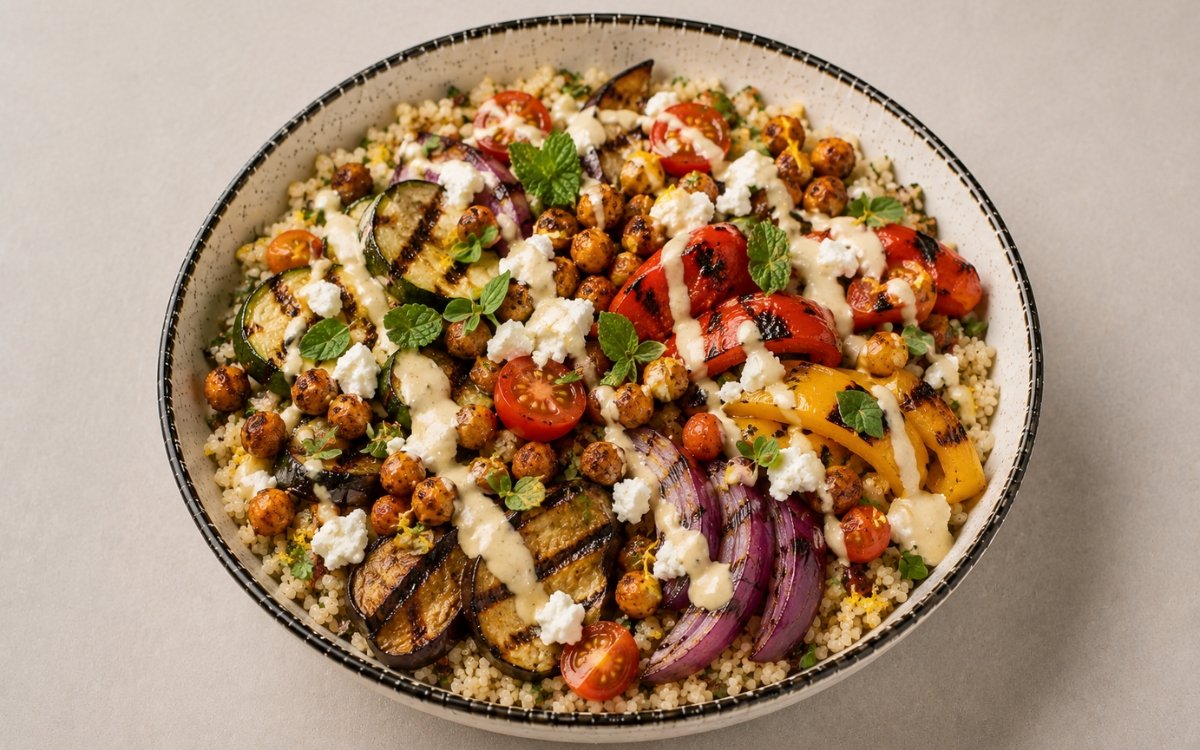 Colorful Mediterranean veggie bowl with grilled zucchini, eggplant, peppers, lemon-herb quinoa, crispy chickpeas, feta cheese, and drizzled tahini-yogurt sauce