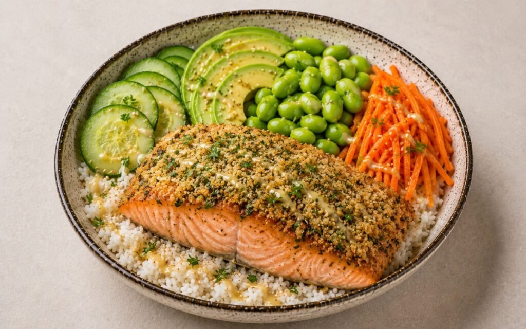 Herb-crusted salmon rice bowl in a wide shallow bowl showing golden herb-panko crusted salmon fillet over fluffy jasmine rice with cucumber, edamame, julienned carrot, avocado, sesame seeds, and lemon-miso dressing on marble surface