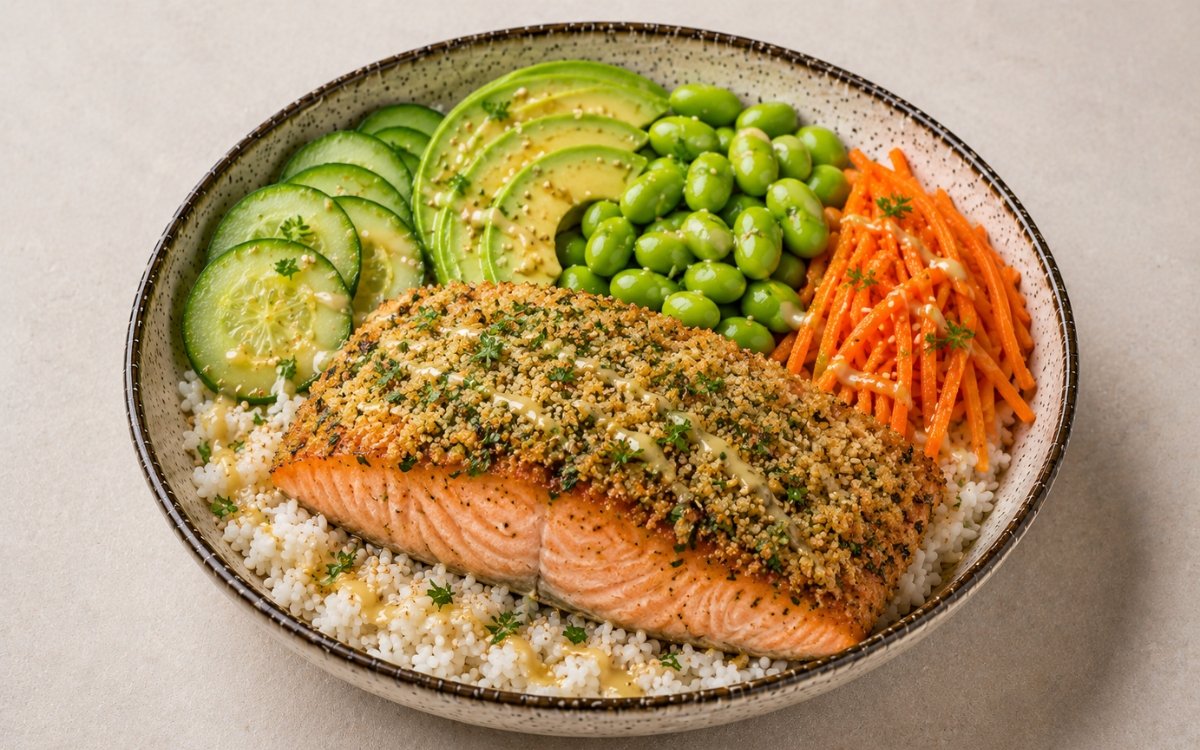 Herb-crusted salmon rice bowl in a wide shallow bowl showing golden herb-panko crusted salmon fillet over fluffy jasmine rice with cucumber, edamame, julienned carrot, avocado, sesame seeds, and lemon-miso dressing on marble surface