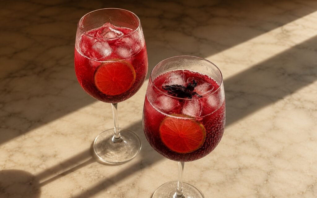 Hibiscus lime fizz mocktail in a large wine glass showing deep ruby-magenta sparkling drink over ice with a thin lime slice against the glass and a dried hibiscus flower floating on the surface on marble surface