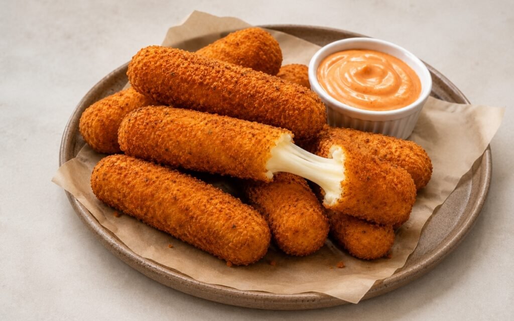 Crispy homemade mozzarella sticks on a wire rack showing deeply golden, evenly crisped double-coated sticks with one broken open revealing a full stretch of molten mozzarella and a small bowl of bold dipping sauce