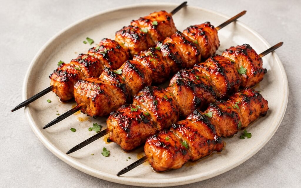 honey sriracha grilled chicken skewers brushed with glaze