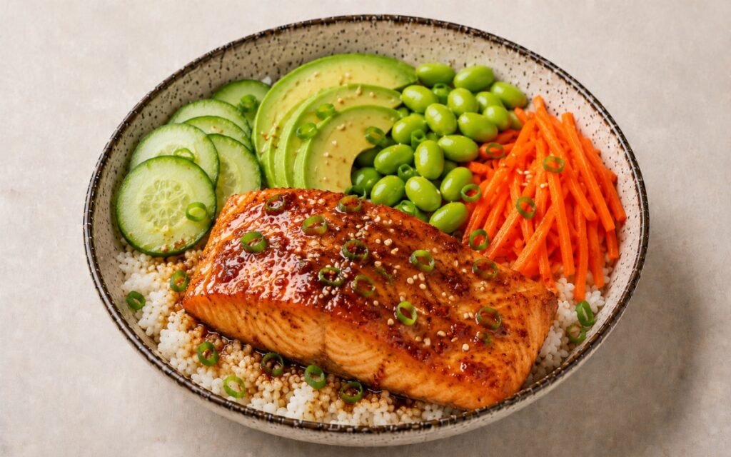 Hot honey salmon rice bowl in a wide shallow bowl showing glossy caramelised hot honey glazed salmon over jasmine rice with quick-pickled carrots, cucumber slices, avocado, edamame, sesame seeds, and scallions on marble surface