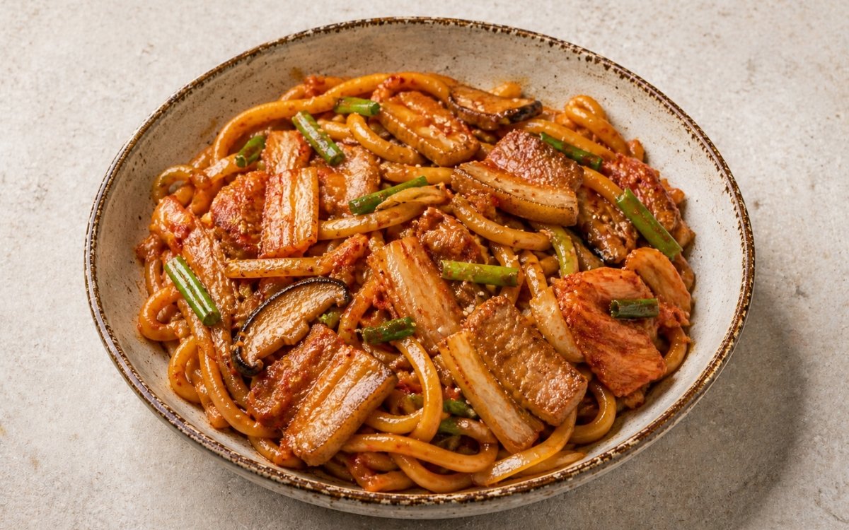 Kimchi udon stir-fry in a wide bowl showing thick udon noodles with charred kimchi, caramelised pork belly, shiitake mushrooms, and scallions in glossy sauce with sesame seeds on marble surface