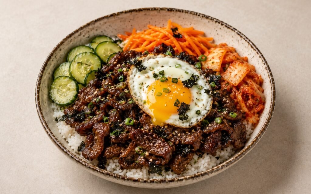 Korean beef bulgogi bowl in a wide shallow bowl showing caramelised ribeye strips over short-grain white rice with quick-pickled cucumbers, kimchi, julienned carrots, runny fried egg, green onions, sesame seeds, and torn nori on marble surface