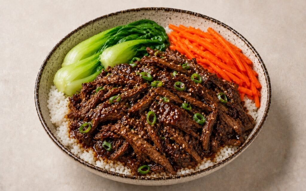 Korean-style braised beef short rib rice bowl in a wide shallow bowl showing glossy shredded short rib over jasmine rice with blanched bok choy, julienned carrot, scallions, sesame seeds, and sauce drizzled over on marble surface