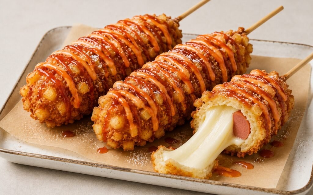 Korean corn dogs on a wire rack showing deeply golden potato-panko crusted corn dogs with gochujang sauce drizzled in a zigzag pattern, one broken open showing stretchy mozzarella pull