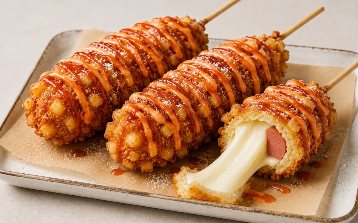 Korean corn dogs on a wire rack showing deeply golden potato-panko crusted corn dogs with gochujang sauce drizzled in a zigzag pattern, one broken open showing stretchy mozzarella pull
