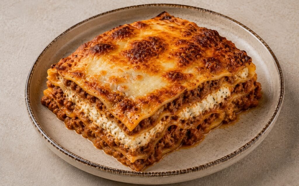 Lasagne alla Bolognese portion plated in a shallow bowl showing golden bubbling cheese crust with deep red Bolognese visible at the edges, showing distinct layered pasta, ricotta, and meat layers on marble surface