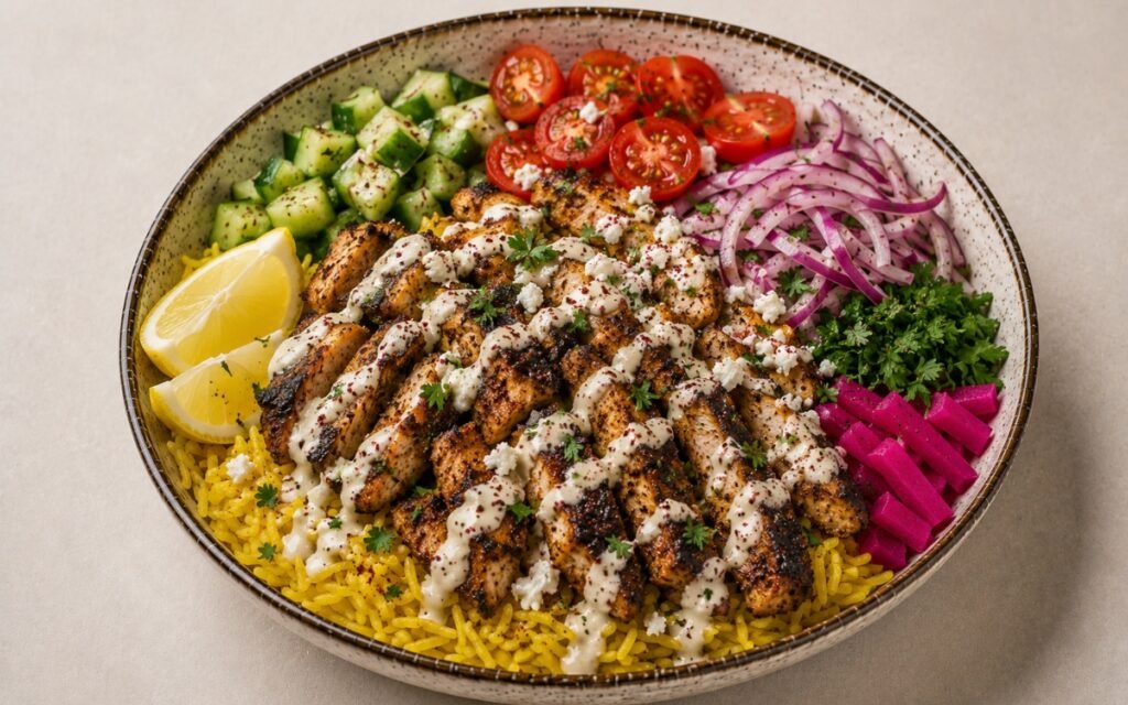 Lebanese chicken shawarma rice bowl in a wide shallow bowl showing charred spiced chicken strips over golden turmeric rice with diced cucumber, cherry tomatoes, pickled turnips, tahini sauce drizzle, sumac, and fresh parsley