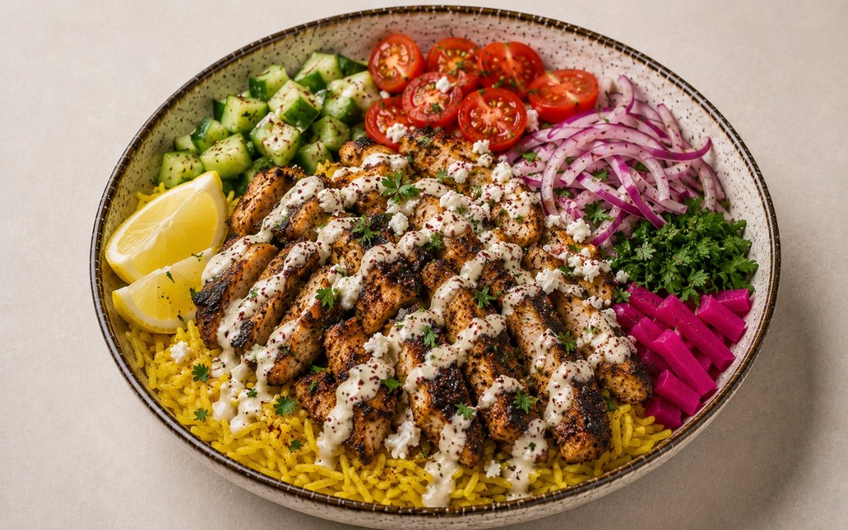 Lebanese chicken shawarma rice bowl in a wide shallow bowl showing charred spiced chicken strips over golden turmeric rice with diced cucumber, cherry tomatoes, pickled turnips, tahini sauce drizzle, sumac, and fresh parsley