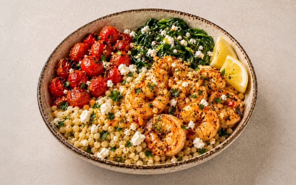 Lemon garlic shrimp couscous bowl in a wide shallow bowl showing golden seared shrimp over pearl couscous with blistered cherry tomatoes, wilted spinach, crumbled feta, lemon-herb dressing, and fresh herbs