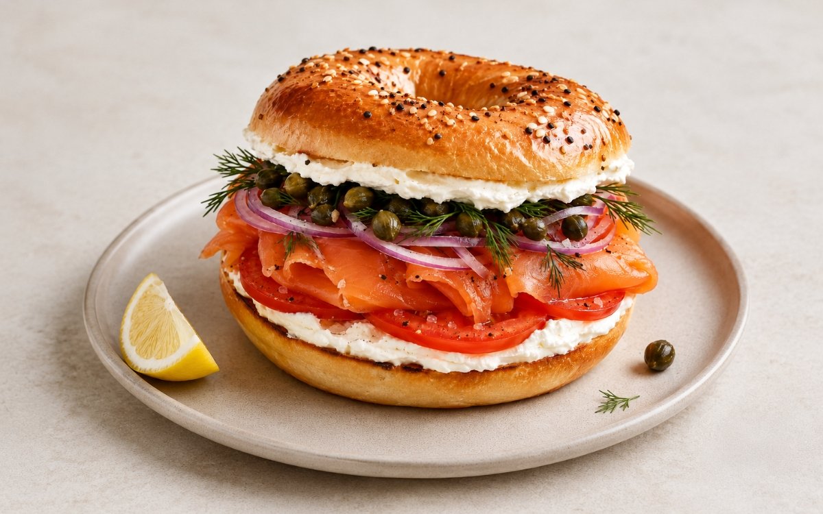 Lox and cream cheese bagel open-face on marble surface showing toasted bagel half generously schmeared with whipped cream cheese, layered with silky nova lox, salted tomato slices, paper-thin red onion, fresh dill fronds, capers, and a crack of black pepper