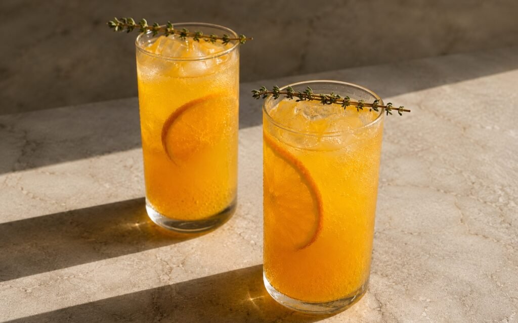 Mango turmeric tonic mocktail in a tall glass showing bright golden-orange sparkling drink over ice with a thin orange slice against the glass and a fresh thyme sprig garnish on marble surface
