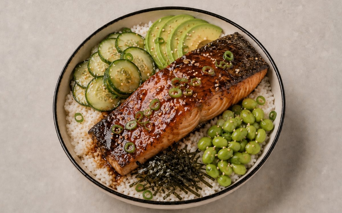 Miso glazed salmon bowl in a wide shallow bowl showing lacquered caramelised miso salmon fillet over sushi rice with quick-pickled cucumbers, sliced avocado, edamame, nori strips, sesame seeds, scallions