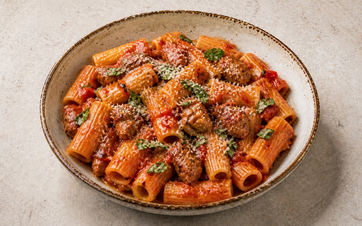 One-pan sausage tomato pasta in a wide shallow bowl showing rigatoni coated in deep red sausage tomato sauce with visible sausage chunks, fresh basil, and Pecorino Romano on marble surface