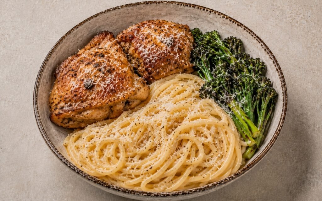 Oven baked chicken thighs with cheesy spaghetti in a wide shallow bowl showing two deeply golden crispy chicken thighs alongside cacio e pepe spaghetti, charred broccolini, and a heavy grating of Parmesan on marble surface