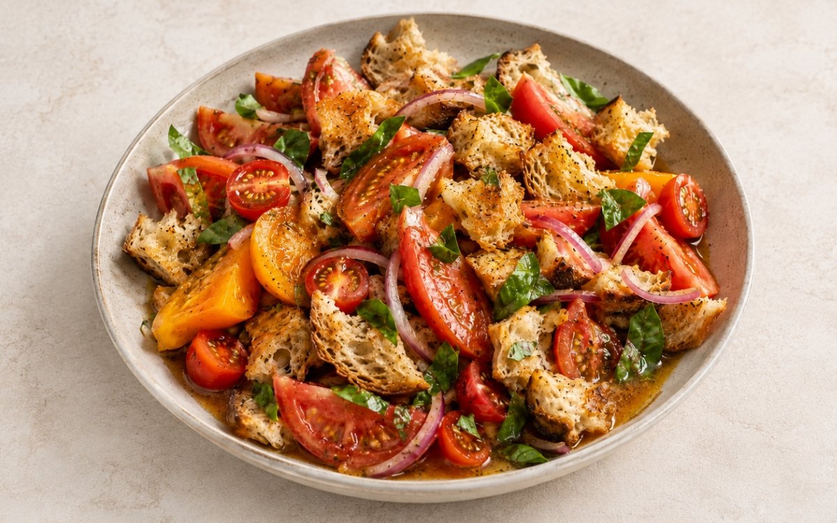 Panzanella with heirloom tomatoes and torn sourdough in a wide shallow bowl showing colourful heirloom tomato wedges, cherry tomatoes, golden torn sourdough chunks, fresh basil, and red onion in glistening red wine vinaigrette on marble surface